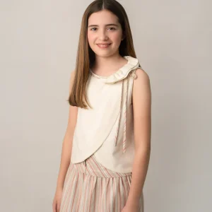 Conj. Blusa Hueso Olan Escote Y Falda Raya Boton