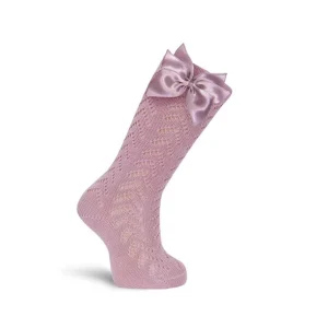 Calcetin Alto Perle Lazo Calado Rosa Palo