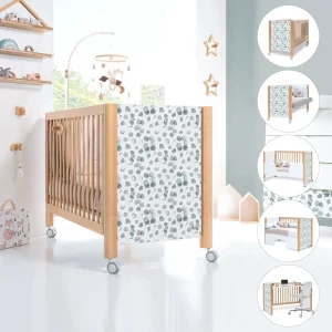 Cuna de madera Ombra Musgo con vinilo de hojas eucalipto 60×120 cm