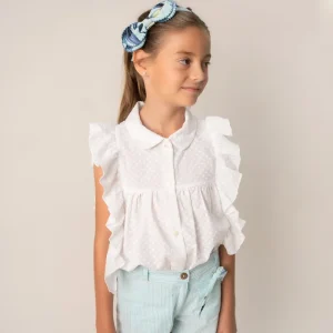 Conj. Blusa Puntos Bordados Con Olanes Y Short Rayas