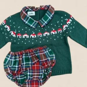 Conjunto bebé jersey verde casas y cubrepañal cuadros escoceses